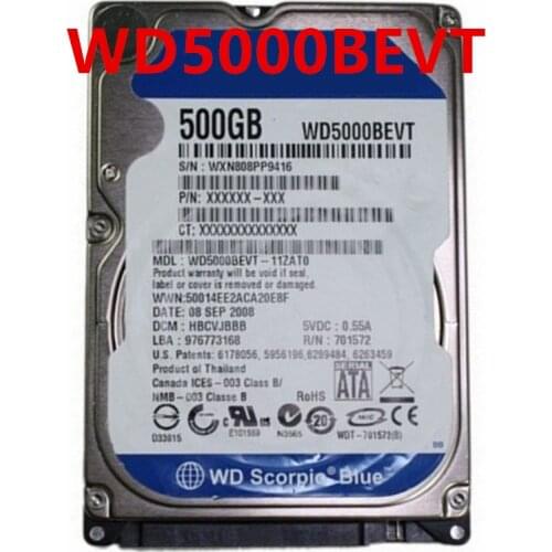 New HDD For WD 500GB 2.5" SATA 3 Gb/s 8MB 5400RPM 9.5MM For Internal Hard Disk For Notebook HDD For WD5000BEVT
