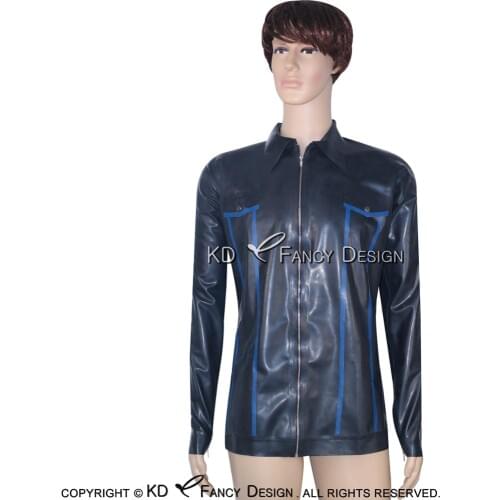 Black And Blue Trims Sexy Latex Jacket Zip At Front Turn Down Collar Zippers Cuff Rubber Coat Top YF-0007