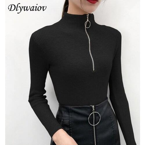 Zipper Half Turtleneck Pullovers Women Sweater Long Sleeve Skinny Elastic Knitted Femme Solid Spring Jumper High Quality Tops
