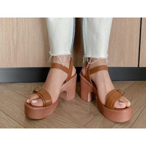 Fashion Woman Brown Beige Cow Leather 9 CM Chunky Heels Sandals Ladies 4 CM Platform One Line Buckles Sandals Size 34 39