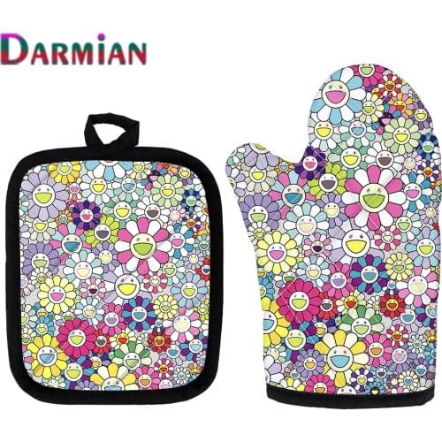 DARMIAN 2Pcs/set Cartoon Color Sun flower Oven Mitts Microwave Baking Potholder Mat BBQ Insulating Gloves Kitchen Supplies 2021