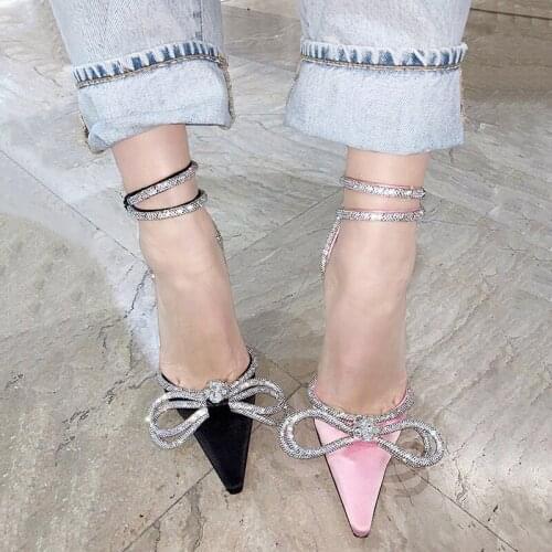 Ladies Glitter Rhinestone Bowtie Wedding Pumps Satin Crystal Ankle Strap Woman Summer Pointed toe Thin Heels Bridal Shoe