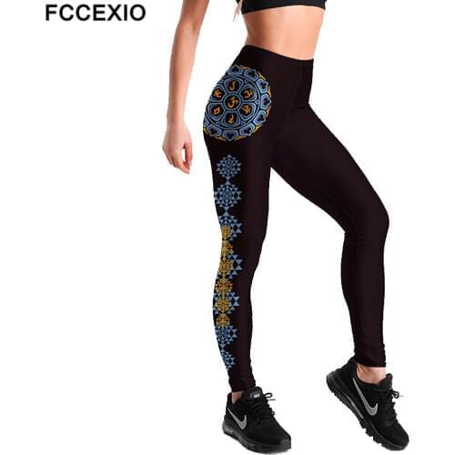 FCCEXIO Mandala Chakra Aztec Round Print Plus Size Women Leggings High Waist Fitness Warm Leggings Ankle-Length Women Pants