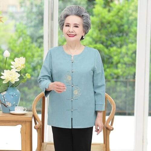 Spring Summer Women Shirts And Blouses Middle Age Women Tops Nine Quarter Sleeve Grandma Embroidery Blusas Clothing 5XL