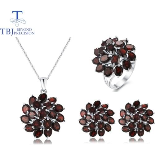 TBJ,natural mozambique garnet gemstone jewelry set 925 sterling silver nice flower design pendant earring and ring for women