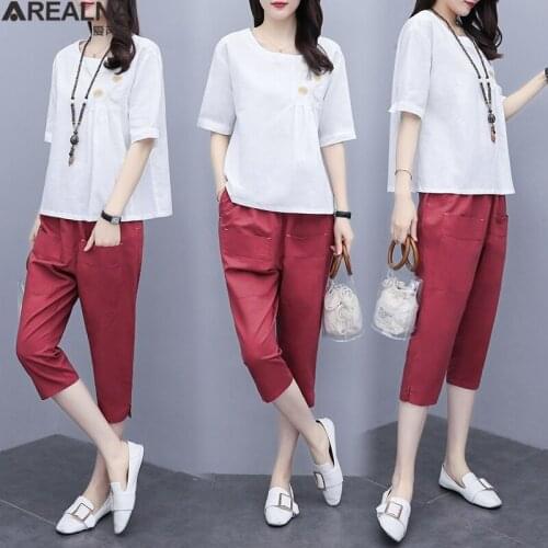 Cotton Linen 2 piece sets womens outfits white Tops And Harem pant suits Plus Size Casual Korean Fashion Two piece set women 3XL