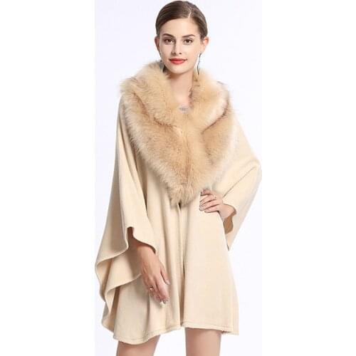 Winter Europe new Fashon oversize loose imitation fox fur collar knit coat female bat sleeve cardigan shawl cloak jackets F239