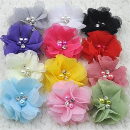 12PCS 6CM Chiffon Ribbon Flowers W/ Beads Appliques Wedding Decor Bulk E284