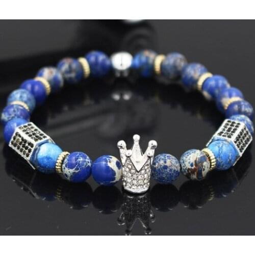 8mm yh3 gold silver Copper cz zircon cubic zirconia elastic adjusted Charm lapis lazuli nature stone agate Onyx Crown Bracelet