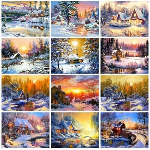 Full Square Round Diamond Painting Winter Scenery Snow House DIY 5D Diamond Embroidery Sunset Landscape Cross Stitch Home Decor