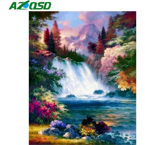 AZQSD Diamond Painting Full Drill Landscape Home Decor Picture Of Rhinestones Diamond Mosaic Waterfall Cross Stitch Handicrafts