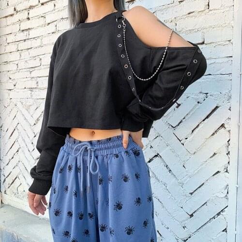 Bodycon Crop Tops Gothic Harajuku Zippe Tshirt Fashion Girl Top Long-sleeved T-shirt with A Stylish Off-the-shoulder Loose Top