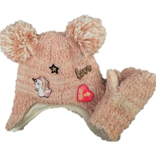 High Quality Cute Cartoon Love Unicorn Plush Hat Mittens Gloves Rainbow Heart With Pom Cap Animal Gift for Kids Children Girl