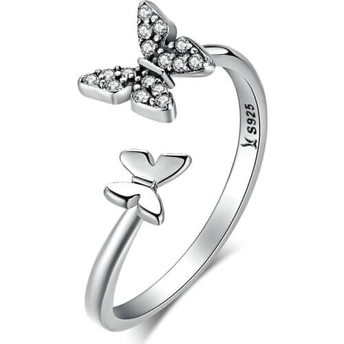 EAMTI Fashionable/Romantic Double Butterfly Flying, 925 Silver Open Adjustment Ring Inlaid Zircon Butterfly Comfortable To Wear