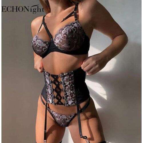 Echonight Lingerie Sexy Bandage Ruffled Underwear Set Bra with Bones Sensual Lingerie Woman Floral Lingerie 3 Pieces Set