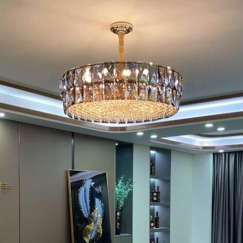 Living Room Modern Luxury Gray K9 Crystals Pendant Lights Round Shiny Gold Metal E14 Led Hanging Lamp Art Deco Indoor Lighting