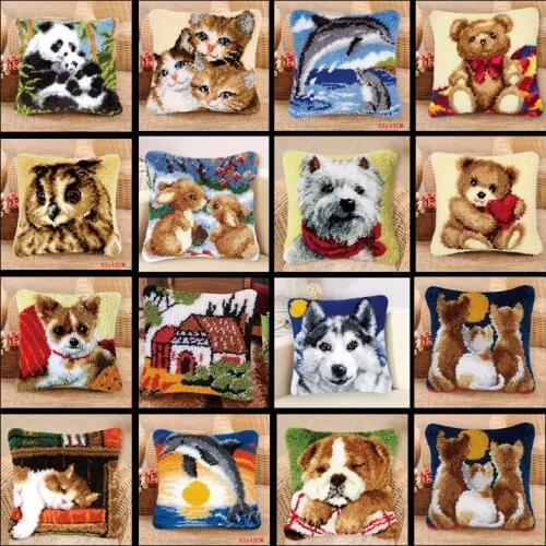 DIY Latch Hook Animals Cushion Pillowcase Canvas Crocheting Foamiran Carpet Embroidery Carpet Latch Hook Kit Knitted Knot Pillow