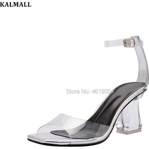 KALMALL PVC Sandals Clear Block High Heels Transparent Ankle Strap Pumps Gladiator Perspex Strange Heel Sandals Party Heels