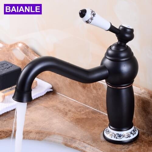 Deck Mounted Basin Sink Faucet Vintage Style Tap Black Bathroom faucets Brass finish washbasin taps Hot and cold water