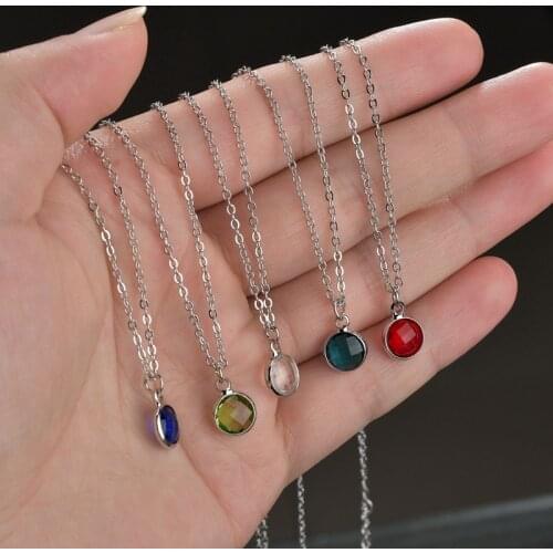 Trendy Simple Custom Birthstone Pendant Charm Necklaces Fashion Silver Color Chain Round Choker Necklaces Jewelry