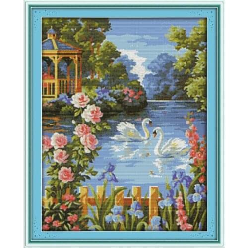 Swan lake (3) cross stitch kit lanscape garden 14ct 11ct count printed canvas stitching embroidery DIY handmade needlework