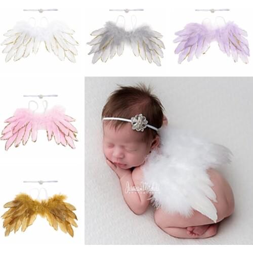 Nishine Newborn Angel Feather Wings Gold/Silver Edge With Pearl Rhinestone Headband Photo Shoot Set Halloween Birthday Gifts