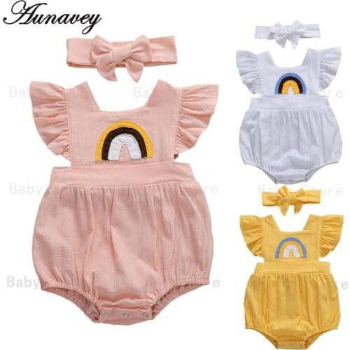 NEW 2020 Summer Infant Newborn Baby Girls Bodysuits Rainbow Print Ruffles Romper Short Sleeve Solid Ruffles Jumpsuits 3 Colors