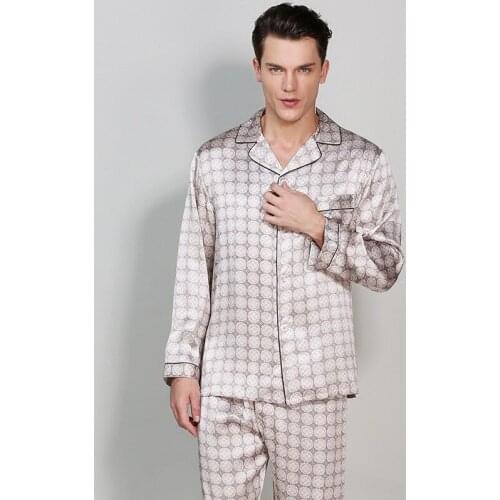 Classic 100% Mulberry Silk Men Pajama Sets Print Noble Notch Collar Full Sleeves Top Full-Length Pant with Elastic Waist sp0181