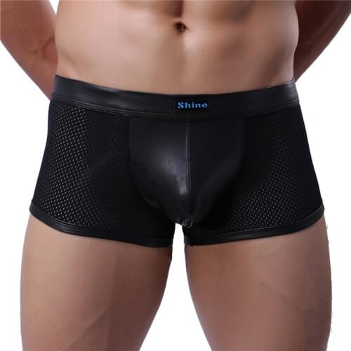 Sexy Mens Wear Boxers Pants PU Leather Underwear Black Boxer Shorts Underpants Nylon PU Faux Leather Underwear