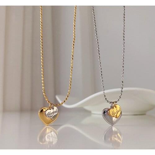 SRCOI Vintage Gold Silver Color Double Love Heart Necklace Pendant Simple Bead Chain Clavicle Necklaces Trendy Gift For Friends