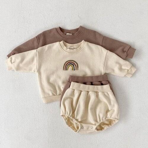 0-24M Newborn Baby Unisex 2 Pieces Outfits Set Rainbow O-Neck Long Sleeve Pullover+ Solid Shorts Bloomers For Infant Boys Girls