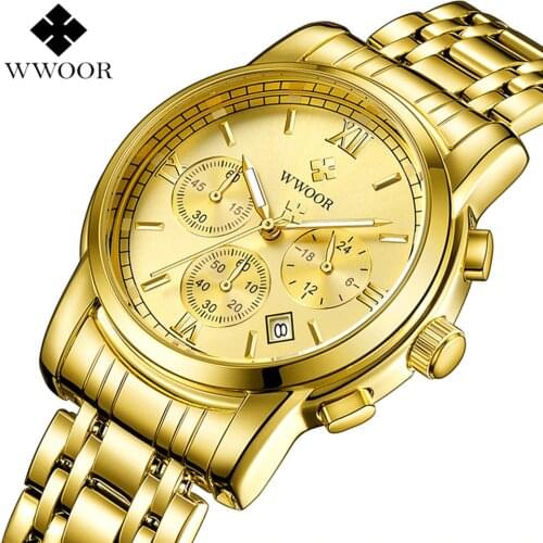 WWOOR Luxury Brand Mens Sport Watch Gold Full Steel Quartz Watches Men Date Waterproof Military Clock Man relogio masculino