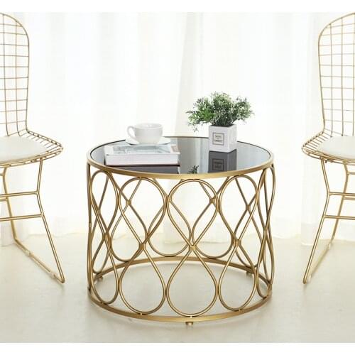 Back fiberboard support modern simple living room tea table hand-welded creative round black glass tea table iron ring reinforce