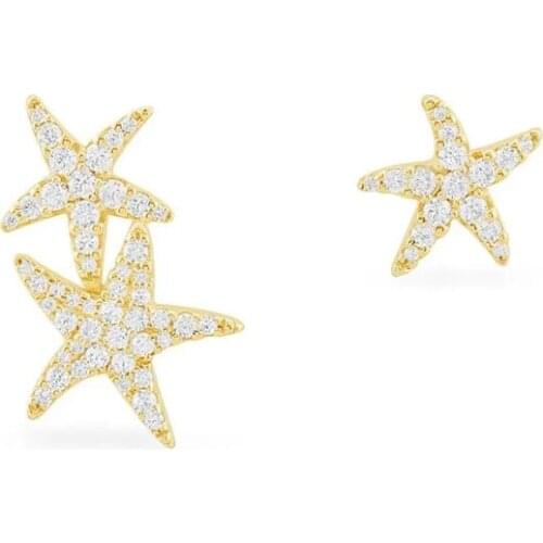SLJELY Fashion Real 925 Sterling Silver Yellow Gold Color Asymmetric Starfish Sea Stars AB Earrings Women Fine June New Jewelry