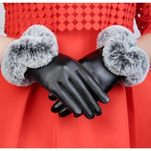 Lady Rabbit Fur Touch Screen Glove Female Autumn Winter Warm Driving Cycling Gloves Thicker Velvet Wind Cold Mittens B-6096