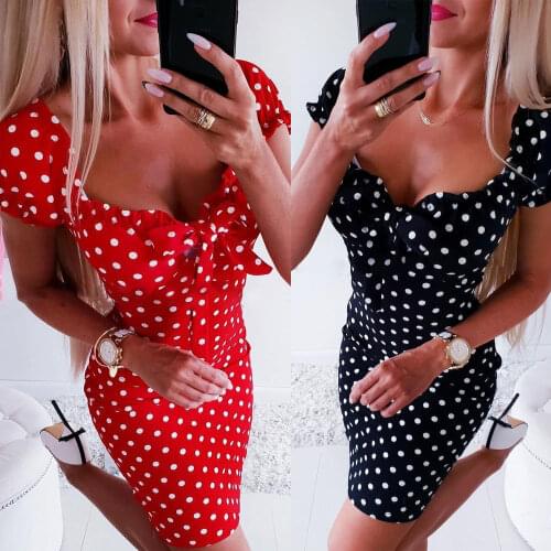 Women Summer Short Sleeve Casual Bodycon Sundress Polka Dot Short Mini Dress