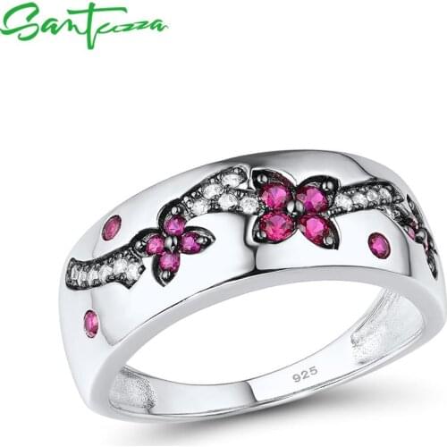 SANTUZZA Silver Rings For Women Genuine 925 Sterling Silver Sparkling Created Ruby Delicate Flowers Trendy Fancy Fine Jewelry