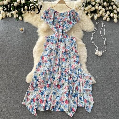 Women Chiffon Floral Dress Sexy Slash Neck Off Shoulder A-line Dress Summer Boho Irregular Ruffles Beach Long Sundress