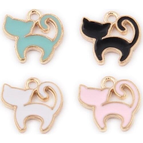 30pcs/lot Gold Color Tone Hunched Cat Alloy Enamel Charm Fit Necklaces Bracelets DIY Jewelry Accessories