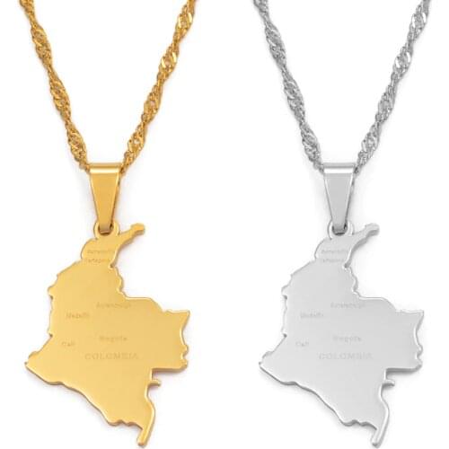 Anniyo Colombia Pendant and Water Wave Chain for Women Girls Stainless Steel Country Map Jewelry Colombia #112621