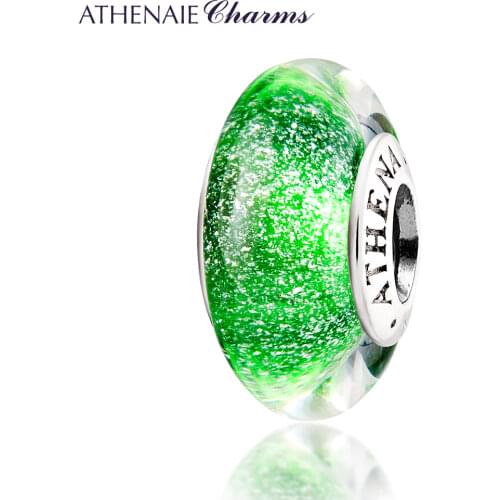 ATHENAIE Genuine 925 Silver Green Fluorescent Murano Glass Bead Fit All European Charms Bracelets Necklace Gift for Women Gifts