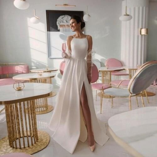 Satin Wedding Dresses with High Slit Thinner Straps Sleeveless A-line Bridal Gown Robe De Mariee