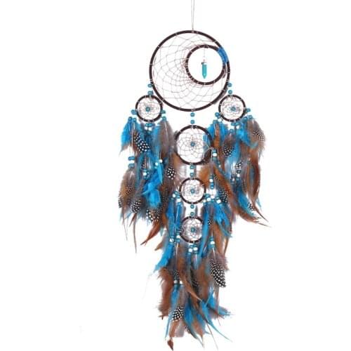 M17D 5 Circles Large Dream Catchers with Turquoises Feather Boho Wall Hanging for Bedroom Dorm Living Room Decoration