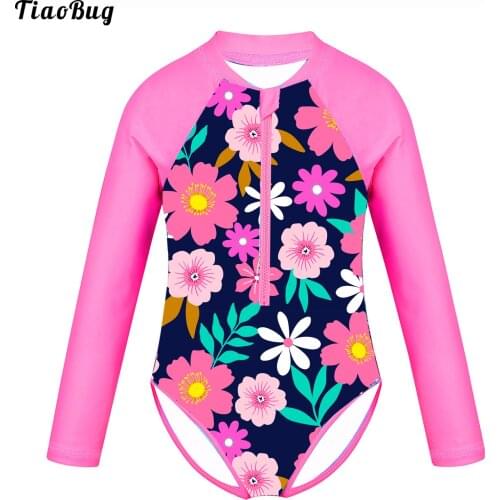 TiaoBug Summer Kids Girls Floral Printed One-Piece Swimming Bodysuit Long Sleeves Zippered Swimsuit Swimwear Bathing Suit