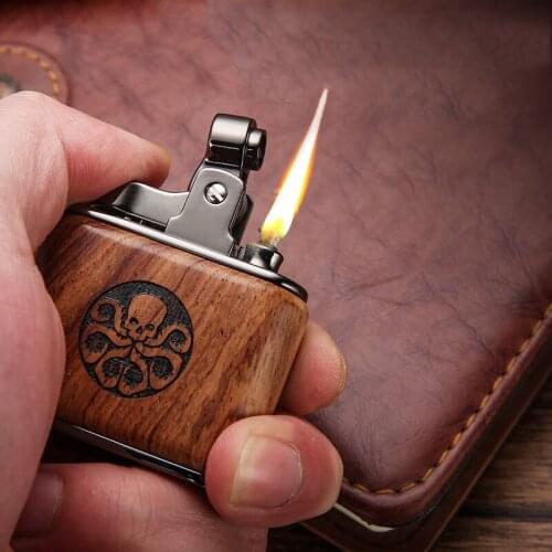 Wooden shell sandalwood retro kerosene lighter nostalgic fashioned personality mens windproof lighters accessories for home