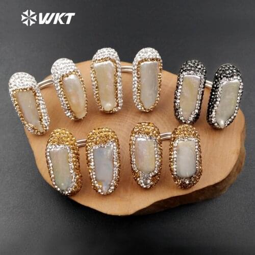 RR016 WKT Fashion Rhinestone Ring Bridal Sets Ring With Natural Pearls Ring Adjustable Rectangle Ring