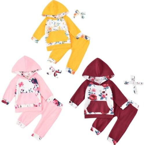 Baby Infant Newborn Girls 3 Piece Floral Print Sets Long Sleeve Hooded Pocket Top Long Pants Headband Toddler Casual Sets 0-18M