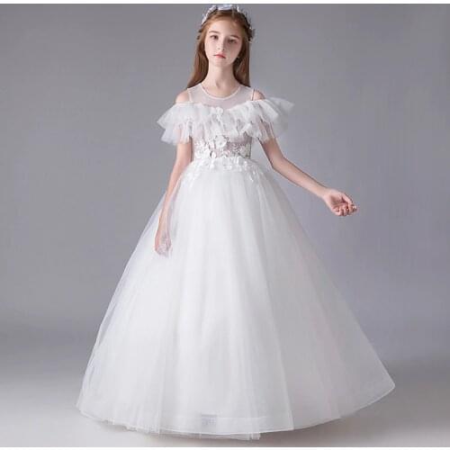 Flower Girl Dresses Princess Off The Shoulder Appliques Embroidery Lace Luxury White Ball Gown O-Neck Tulle Kid Party Skirt H124