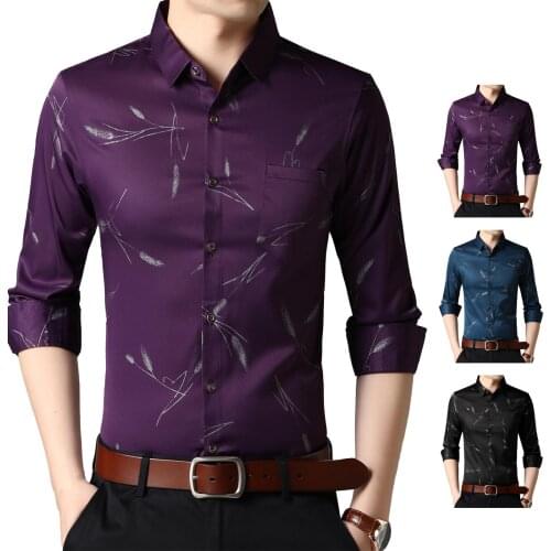 Men Long Sleeve Turn Down Collar Wheat Ears Print Business Office Shirt Top Mens business long-sleeved shirt casual printed top