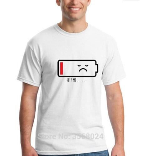 Men Printing Battery T-shirt Funny HELP ME Energy Solid Cotton T Shirts Male O-neck Loose Size Tshirt Basic Brand Clothing Man